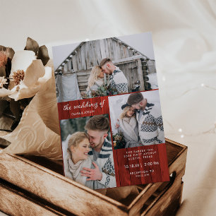 Drei Fotos auf rotem Holz Look   Weihnachtshochzei Einladung