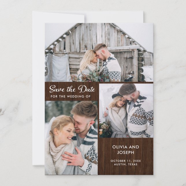 Drei Fotos auf rustikalem Holzaussehen | Hochzeit Save The Date (Vorderseite)