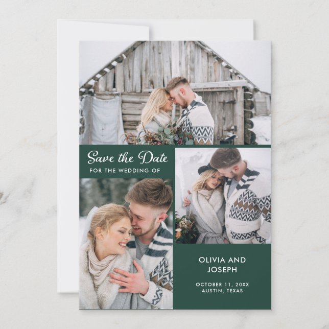 Drei Fotos auf Smarald Green | Hochzeit Save The Date (Vorderseite)