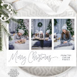 Drei Fotos, Elegant frohe Weihnachts-Script Silver Folien Feiertagskarte<br><div class="desc">Elegante echte Silber-Folie, Foto Collage Weihnachtskarte mit drei Fotovorlagen, damit Sie mit Ihren eigenen Bildern personalisieren können. Benutzerdefinierter Textabschnitt auf der Vorderseite für Familienname, Namen oder Jahr. Zurück mit Textvorlagenbereich, damit Sie jede Nachricht hinzufügen können, die Sie möchten, oder wenn Sie es vorziehen, zurück in leere Felder, löschen Sie einfach...</div>