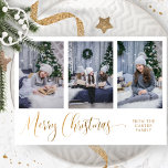 Drei Fotos, elegantes Weihnachtskript, echt Folien Feiertagskarte<br><div class="desc">Elegantes Foto Collage Weihnachts-Weihnachtskarte mit drei Fotovorlagen, damit Sie mit Ihren eigenen Bildern personalisieren können. Benutzerdefinierter Textabschnitt auf der Vorderseite für Familienname, Namen oder Jahr. Zurück mit Textvorlagenbereich, damit Sie jede Nachricht hinzufügen können, die Sie möchten, oder wenn Sie es vorziehen, zurück in leere Felder, löschen Sie einfach alle Zeichen...</div>