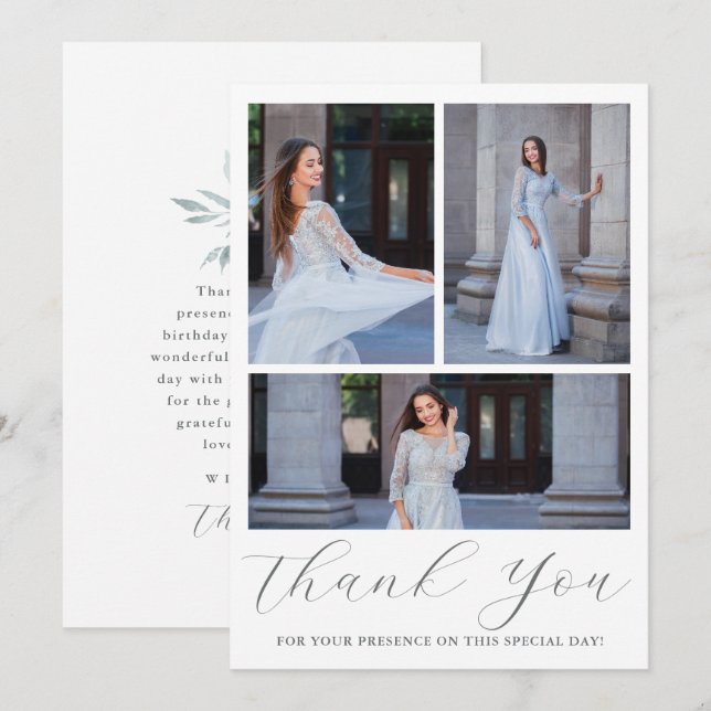 Drei Fotos Quinceanera Blue Floral Script Einladung (Vorne/Hinten)