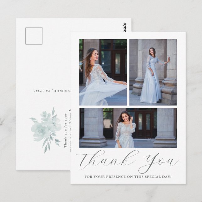 Drei Fotos Quinceanera Blue Floral Script Postkarte (Vorne/Hinten)