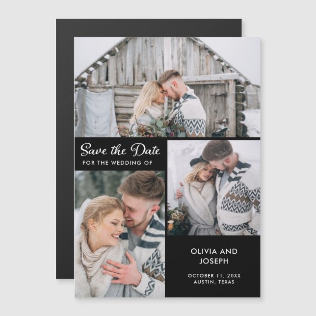 Drei Fotos Save the Date | Schwarz Magneteinladung (Vorne/Hinten)