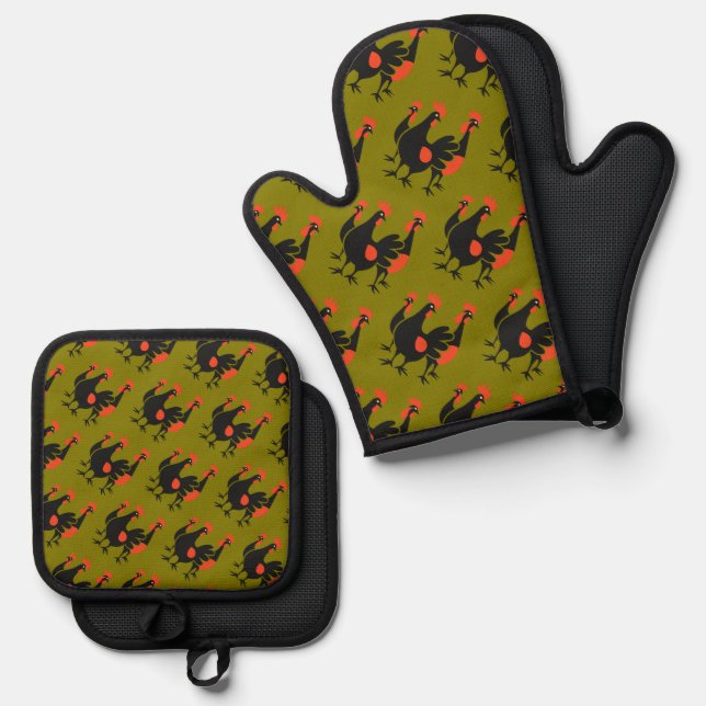 Drei französische Hennen Retro-Halbierung Mitte de Ofenhandschuh & Topflappen-Set (Vorderseite/Rückseite)
