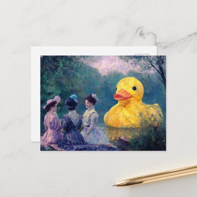 Drei Frauen picknicken mit Riesenente Postkarte (Vorderseite/Rückseite Beispiel)