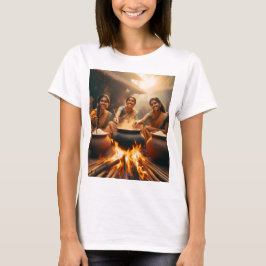 drei Frauen sitzen um ein Feuer mit Töpfen und Pfa T-Shirt