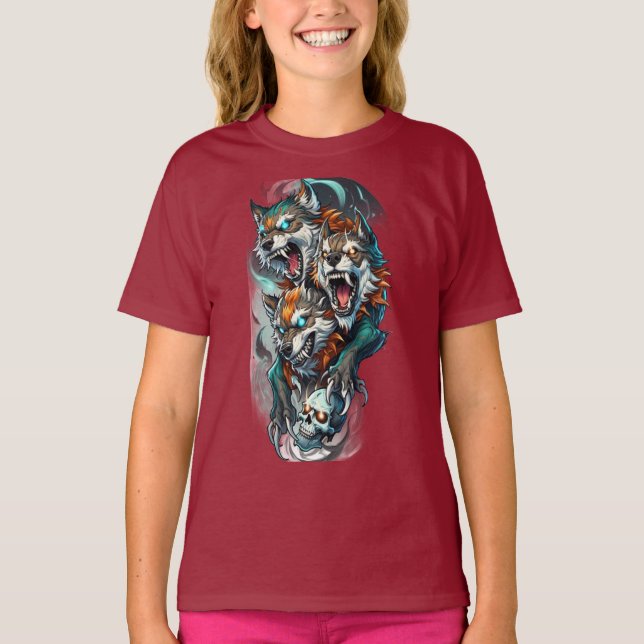 Drei-Gehöfte Wolf Girls T - Shirt - Mythischer Wäc (Vorderseite)