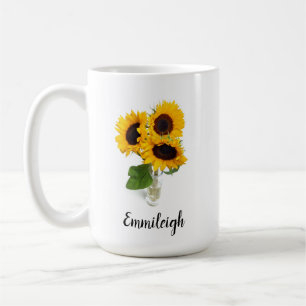 Drei gelbe Sonnenblumen in Vase Custom Kaffeetasse