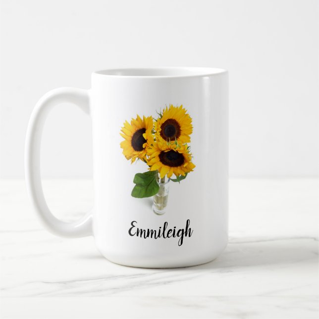 Drei gelbe Sonnenblumen in Vase Custom Kaffeetasse (Links)