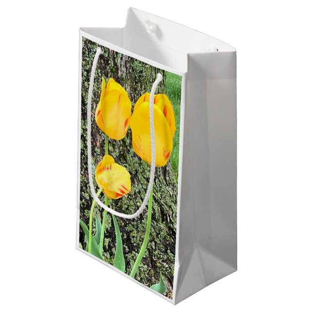 Drei gelbe Tulissen / Kleine Geschenktüte (Vorderseite Schrägansicht)
