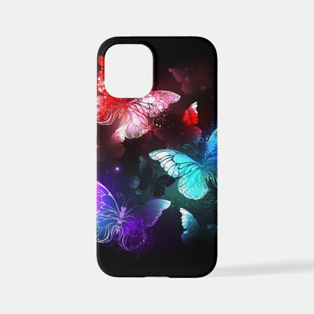 Drei glühende Schmetterlinge im Hintergrund iPhone 12 Mini Hülle (Rückseite)