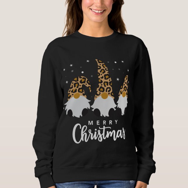 Drei Gnome mit Leopard Karierte Weihnachten Sweatshirt (Vorderseite)