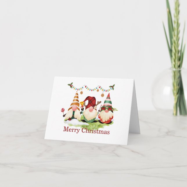 Drei Gnome Weihnachtselfen Feiertagskarte (Vorderseite)