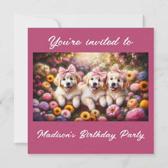 Drei Golden Retriever Welpen mit Blume Einladung (Vorderseite)