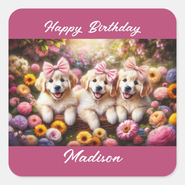 Drei Golden Retriever Welpen mit Blume Quadratischer Aufkleber (Vorderseite)