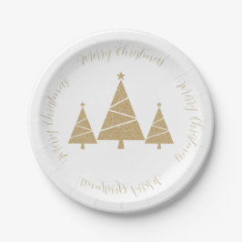 Drei goldene Weihnachtsbäume mit Weihnachtsgrüßen Pappteller