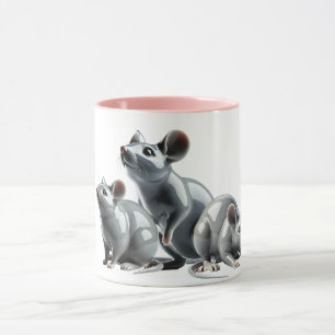 Drei graue Mäuse in 3D suchen nach Essen. Tasse