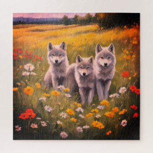 Drei graue Wolfswelpen