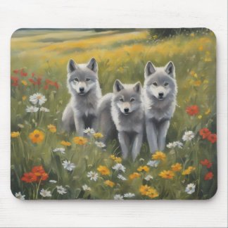 Drei graue Wolfswelpen, die auf Unfug warten Mousepad