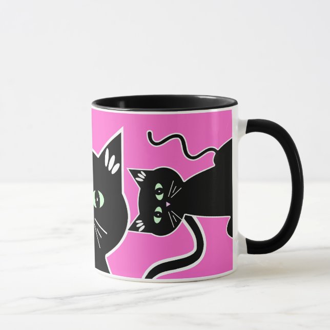 Drei Grün-Mit Augen schwarze Katzen-Retro Zeichnen Tasse (Rechts)