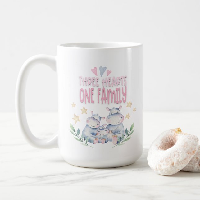 Drei Herzen eine Familie Niedlich Hippos Pink Kaffeetasse (Mit Donut)