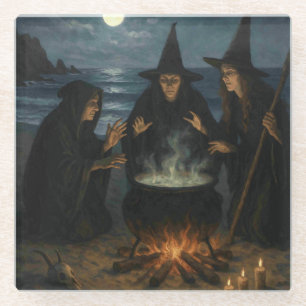Drei Hexen brauen Kessel Vollmond Strand Glasuntersetzer