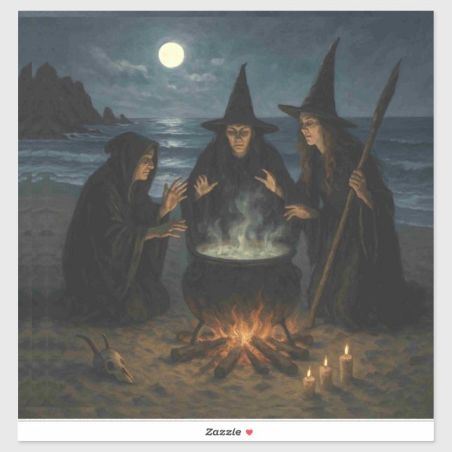 Drei Hexen Brew Cauldron Vollmond Strand Aufkleber (Blatt)