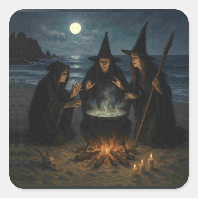 Drei Hexen Brew Cauldron Vollmond Strand Quadratischer Aufkleber (Vorderseite)