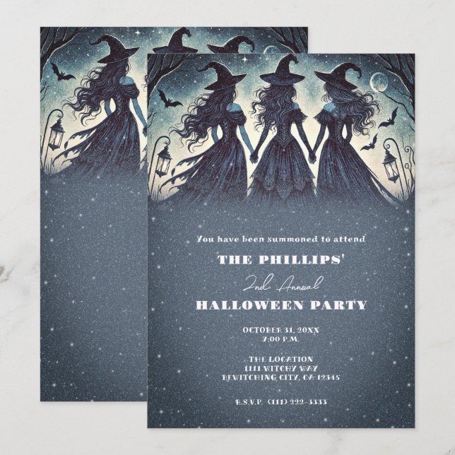 Drei Hexen im nächtlichen Starry-Halloween-Party Einladung (Vorne/Hinten)