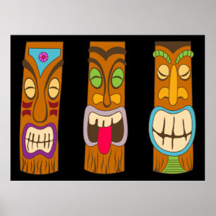 Drei hölzerne Tiki-Statuen, lustig schwarz Poster