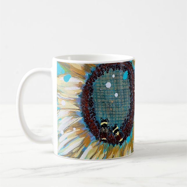Drei Hummeln auf einer Sonnenblume Kaffeetasse (Links)