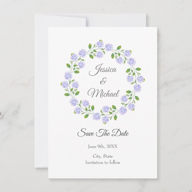 Drei Hydrangeas Wasserfarben-Blumenreath Save The Date (Vorderseite)