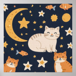 Drei Ingwerkatzen, Mond, Sterne und Fische Poster