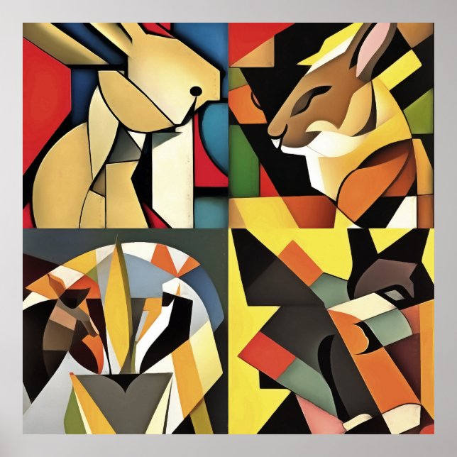 Drei Kaninchen und eine Löwengeometrie Abstrakte K Poster (Vorne)