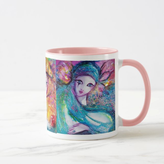 DREI KARNIVALMASKEN IN BLAU, ROT UND GELB TASSE (Rechts)