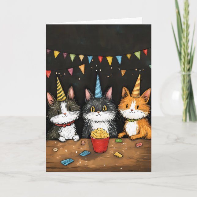Drei Katzen Geburtstag Retro Cartoon Feiertagskarte (Vorderseite)