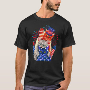 Drei Katzen Hut Amerikanische Flagge Feuerwerk Süß T-Shirt