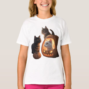 Drei Katzen in ausgehöhlten und beleuchteten Kürbi T-Shirt