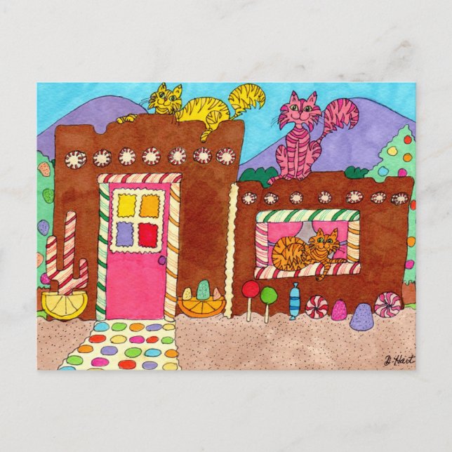 Drei Katzen in einem Adobe Gingerbrett House Postkarte (Vorderseite)