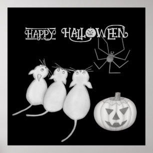 Drei Katzen, Kürbis und Spinne Halloween Poster