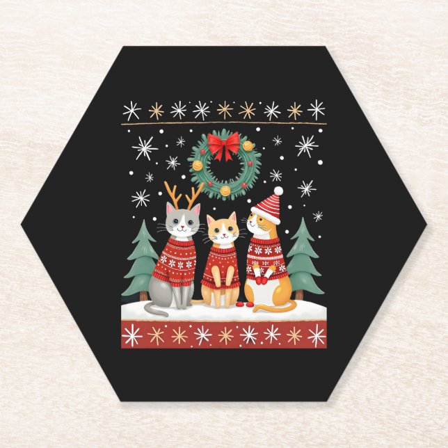 Drei Katzen Lustiger Weihnachtskatze hässlicher Xm Untersetzer (Vorderseite)