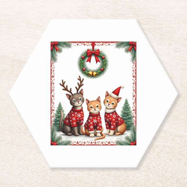 Drei Katzen Lustiger Weihnachtskatze hässlicher Xm Untersetzer (Vorderseite)