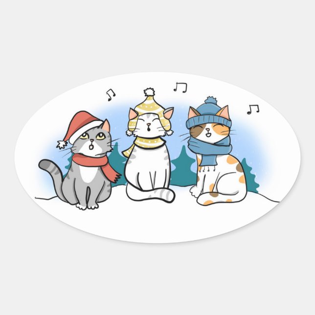 Drei Katzen singen Weihnachtslieder im Schnee Cl Ovaler Aufkleber (Vorderseite)