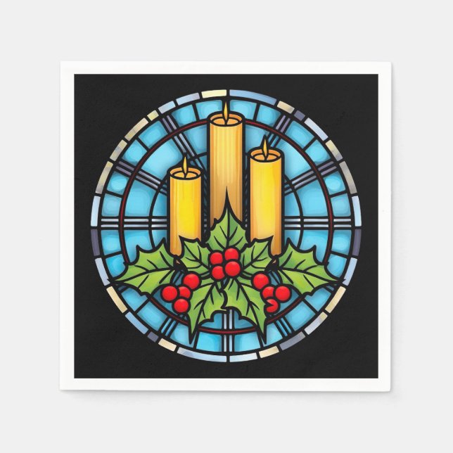 Drei Kerzen mit festgeklemmtem Weihnachtsglas Serviette (Vorderseite)