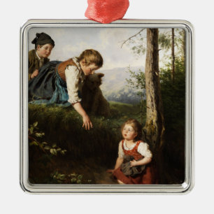 Drei Kinder beim Sammeln wilder Beeren im Wald Ornament Aus Metall