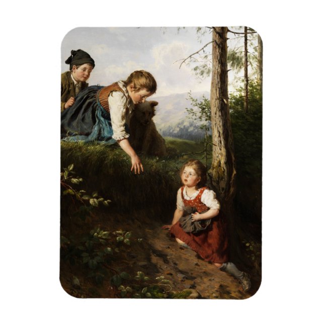 Drei Kinder, die wilde Berries im Wald picken Magnet (Vertikal)