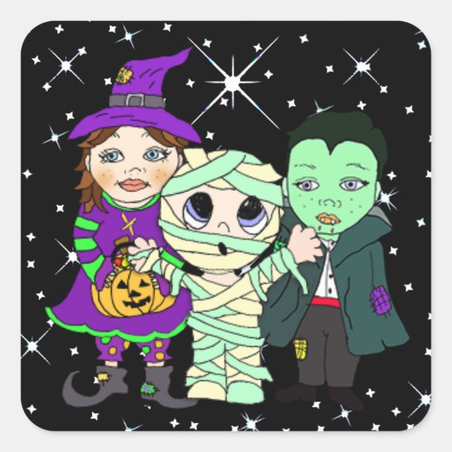 Drei Kinder zu Halloween Quadratischer Aufkleber (Vorderseite)