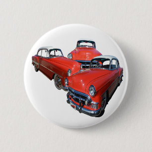 drei klassische rote und weiße Vintage-Autos, Button