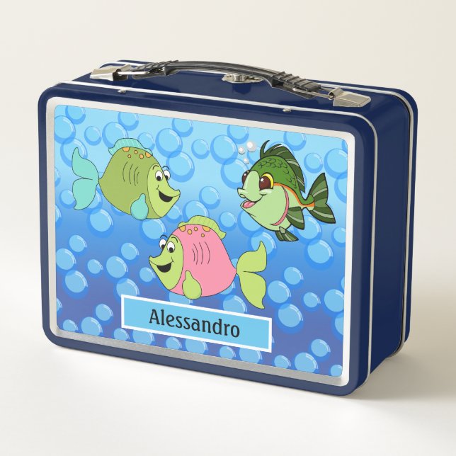 Drei kleine Fischmehldose Metall Brotdose (Rückseite)